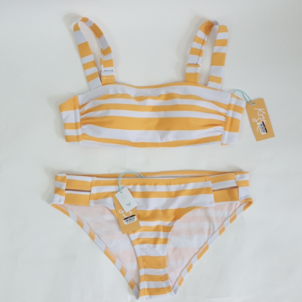 Kona Sol Yellow Striped Textured Bikini Set - Picture 1 of 15